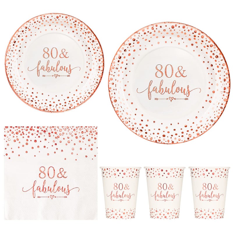 Crisky Rose Gold Foil 80 Fabulous Napkins Plates Cups Set for Women 80th Birthday Party Decorations Supplies Disposable Tableware Set of 24 9 Plates 7 Plates Luncheon Napkins 9oz Cups
