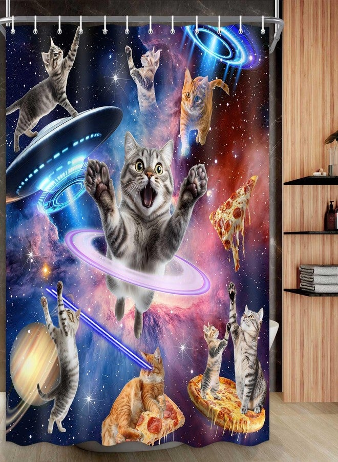 Drgilau Funny Cat Shower Curtain Cool Outer Space Shower Curtains for Boys Kids, Hilarious Cat Galaxy Universe Bathroom Curtain Decor Waterproof Fabric Bath Curtains with 12 Hooks 72X72 Inch - Image 1