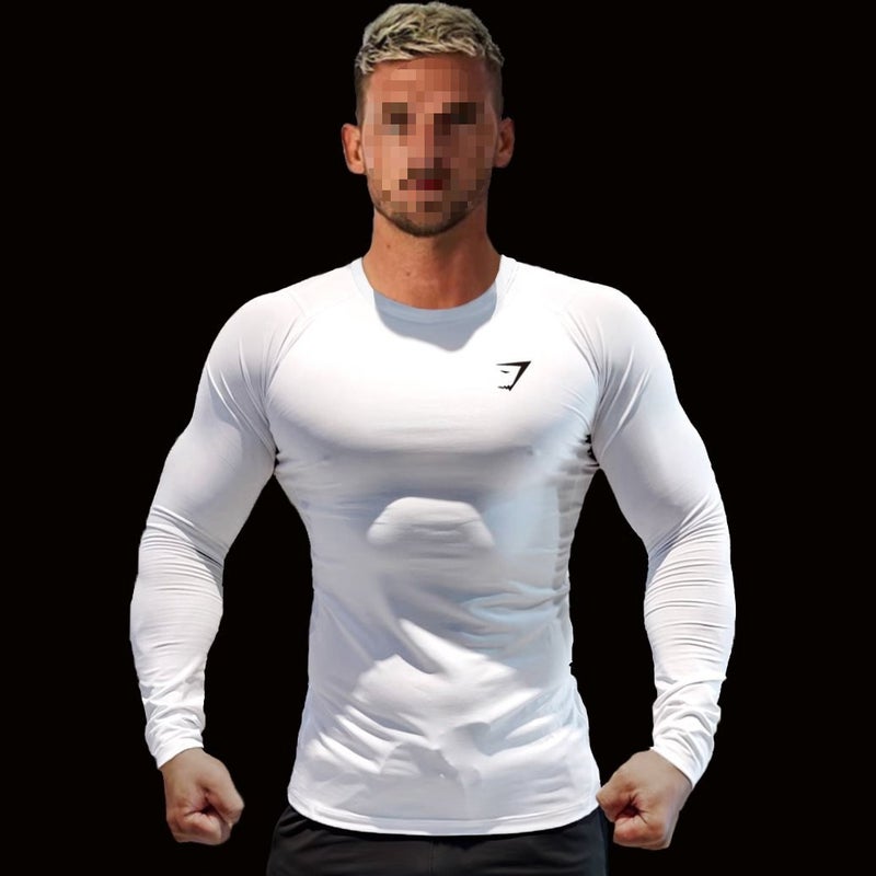 Fitness Long Sleeve Bodysuit GYM Muscle Men T-shirts Quick Dry High Elasticity Trainer Brother Sports Training Slims Your Silhou White  - Image 1