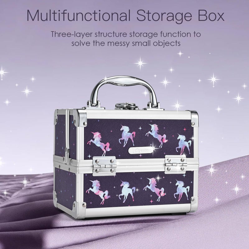 Joligrace Makeup Case for Girls Cosmetic Train Case Makeup Storage Box Jewelry Organizer Hair Accessories Lockable with Trays & Mirror Kids Gift Unicorn - Image 2