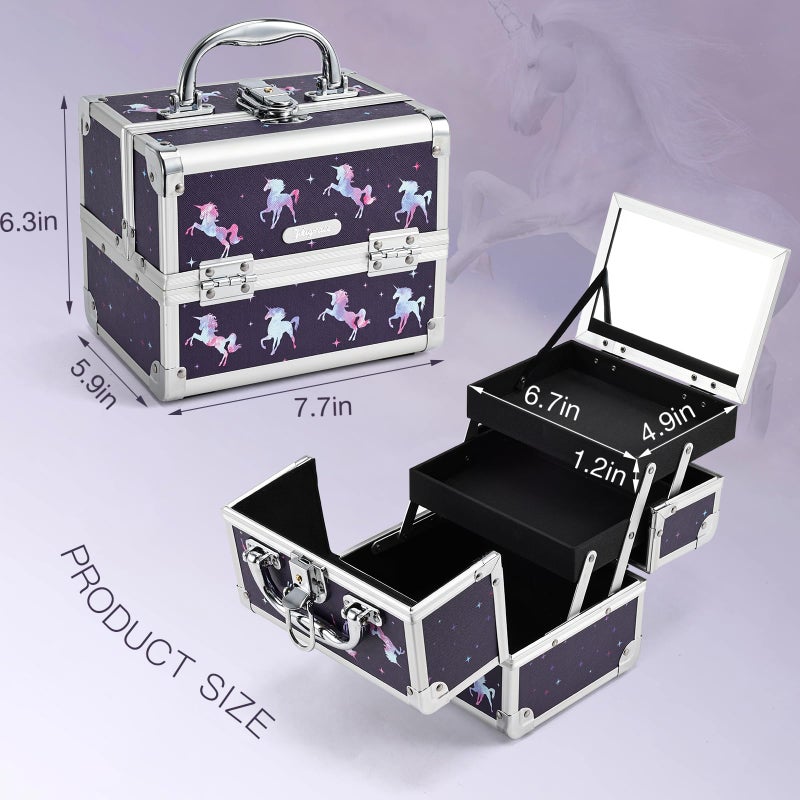 Joligrace Makeup Case for Girls Cosmetic Train Case Makeup Storage Box Jewelry Organizer Hair Accessories Lockable with Trays & Mirror Kids Gift Unicorn - Image 5