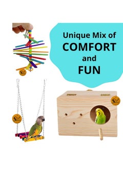 Sage Square Wooden Bird Toys Combo | Breeding Box, Ladder, Sand Perch, Swing, Hanging Cage Accessory | For Budgie, Parrot, Cockatiel, Parakeet, Conure, Macaw Etc  - Image 5