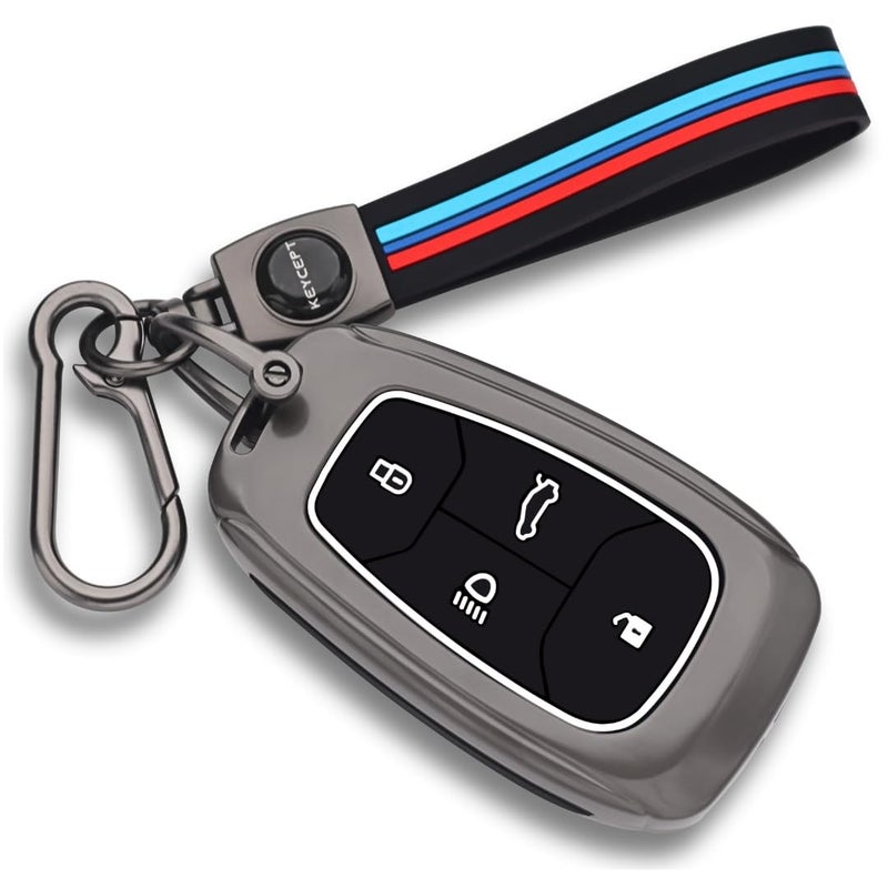 Keycept™ Metal Key Cover for Tata Nexon | Curvv | Altroz | Harrier | Punch | EV | Tigor | Tiago EV Electric | Safari and Facelift 4 Button Smart Key with Keychain (Long Keychain). - Image 1