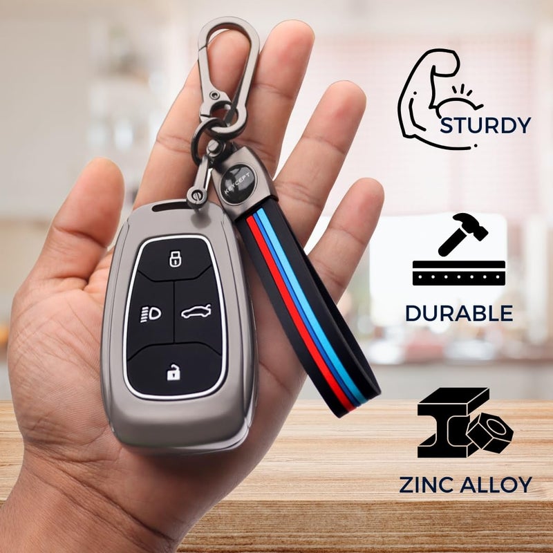 Keycept™ Metal Key Cover for Tata Nexon | Curvv | Altroz | Harrier | Punch | EV | Tigor | Tiago EV Electric | Safari and Facelift 4 Button Smart Key with Keychain (Long Keychain). - Image 4