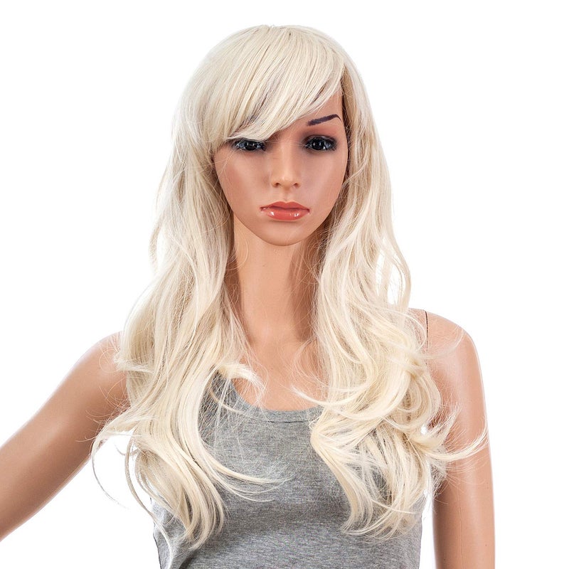 SWACC 26Inch Long Curly Wave Cosplay Synthetic Wig Colored Hair Piece for Women with Wig Cap Platinum Blonde