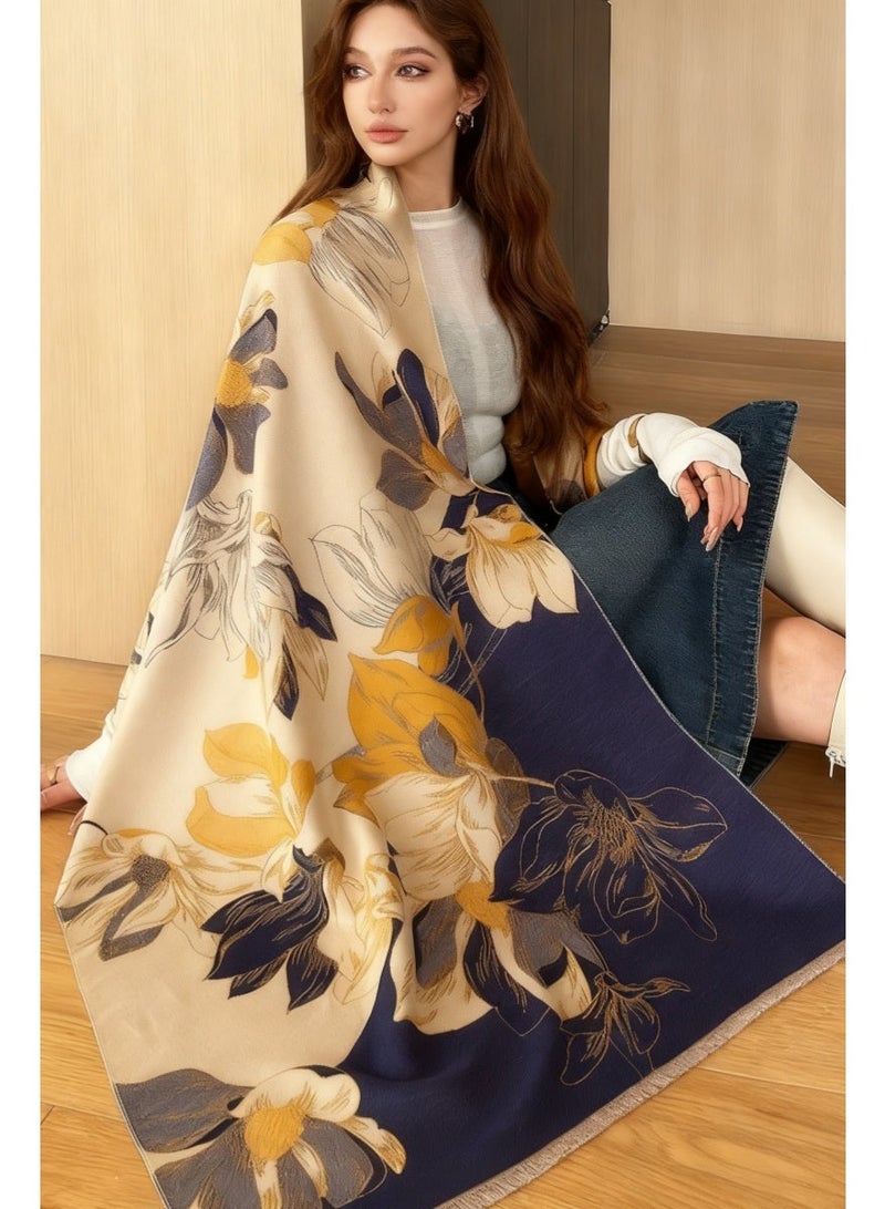 طيب نور شال نسائي فاخر من الكشمير الصناعي فائق النعومة - تصميم زهري أنيق بشرابات - دافئ وسميك متعدد الاستخدامات للخريف والشتاء - **باللون الأزرق** - Image 2