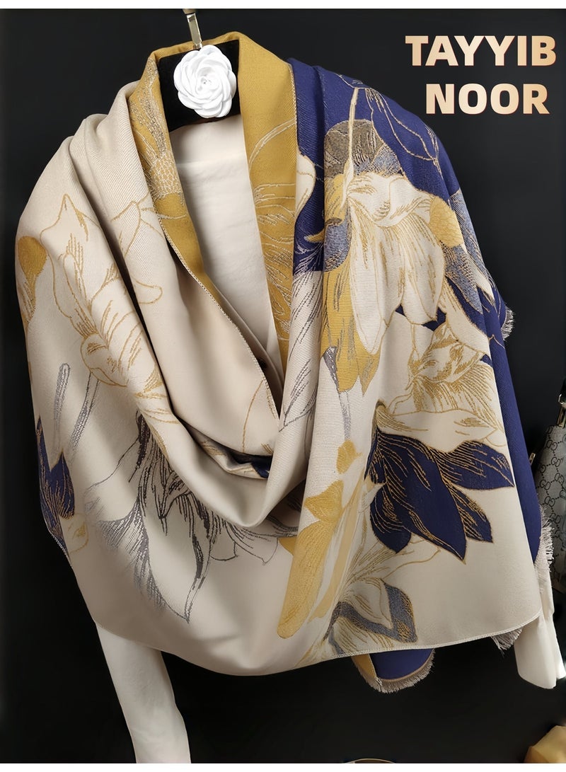 طيب نور شال نسائي فاخر من الكشمير الصناعي فائق النعومة - تصميم زهري أنيق بشرابات - دافئ وسميك متعدد الاستخدامات للخريف والشتاء - **باللون الأزرق** - Image 4