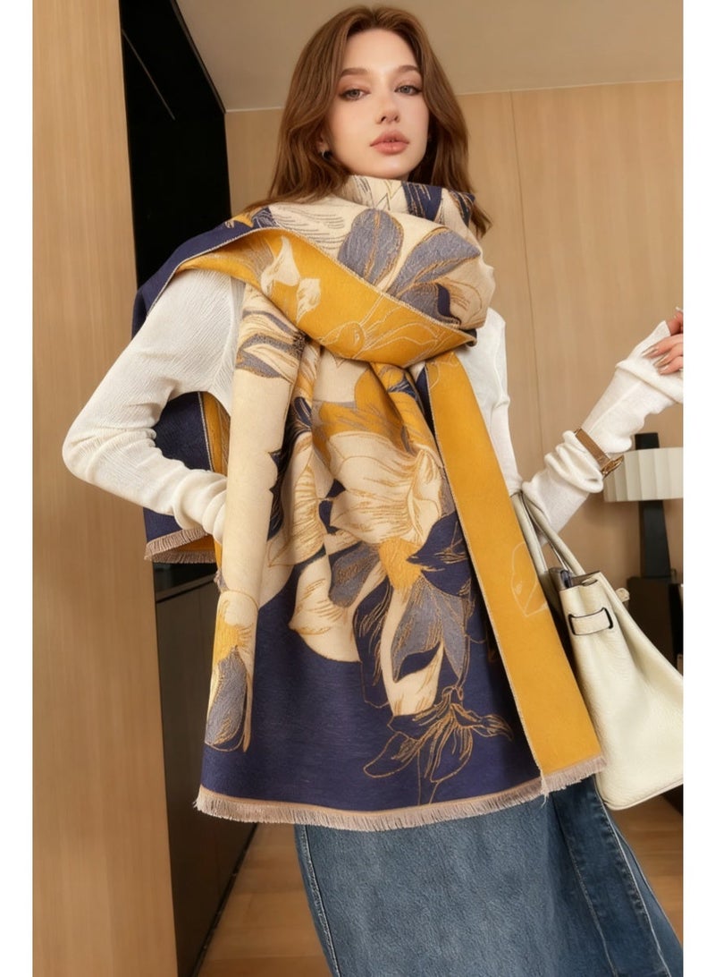 طيب نور شال نسائي فاخر من الكشمير الصناعي فائق النعومة - تصميم زهري أنيق بشرابات - دافئ وسميك متعدد الاستخدامات للخريف والشتاء - **باللون الأزرق** - Image 3