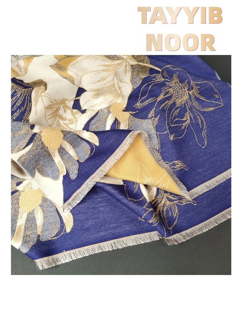 طيب نور شال نسائي فاخر من الكشمير الصناعي فائق النعومة - تصميم زهري أنيق بشرابات - دافئ وسميك متعدد الاستخدامات للخريف والشتاء - **باللون الأزرق** - Image 5