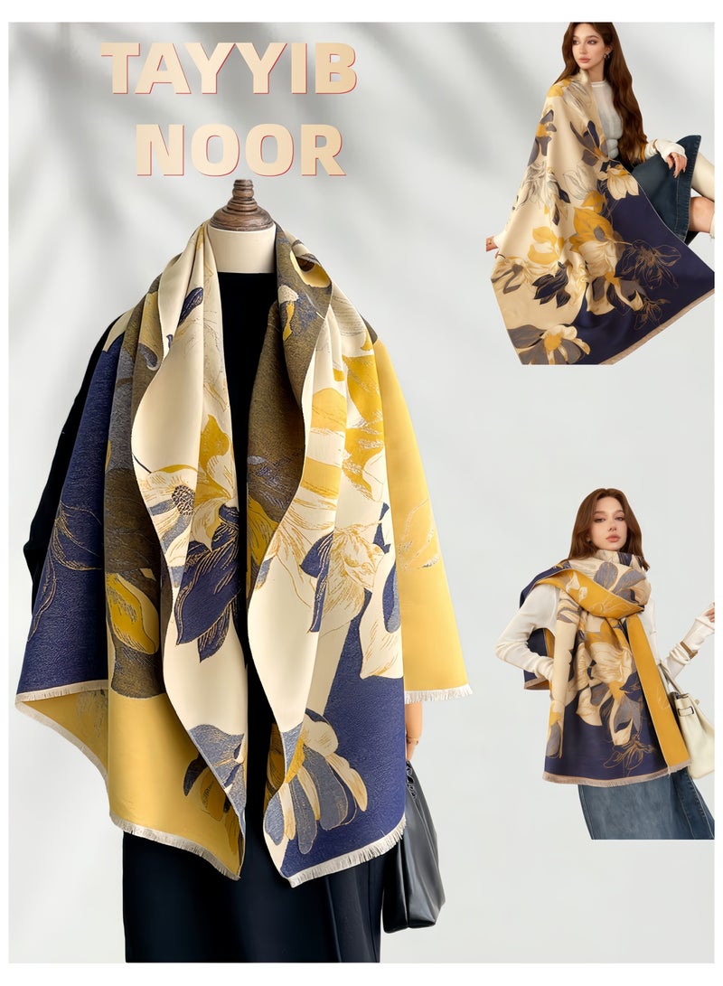 طيب نور شال نسائي فاخر من الكشمير الصناعي فائق النعومة - تصميم زهري أنيق بشرابات - دافئ وسميك متعدد الاستخدامات للخريف والشتاء - **باللون الأزرق** - Image 1