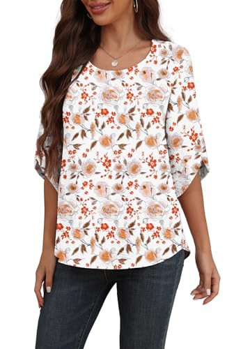 Askyes Womens Blouses Casual Cute Chiffon Blouses Summer Beach Short Sleeve Blouse Shirts for Work,White Rose,L - Image 3