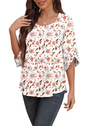 Askyes Womens Blouses Casual Cute Chiffon Blouses Summer Beach Short Sleeve Blouse Shirts for Work,White Rose,L - Image 1