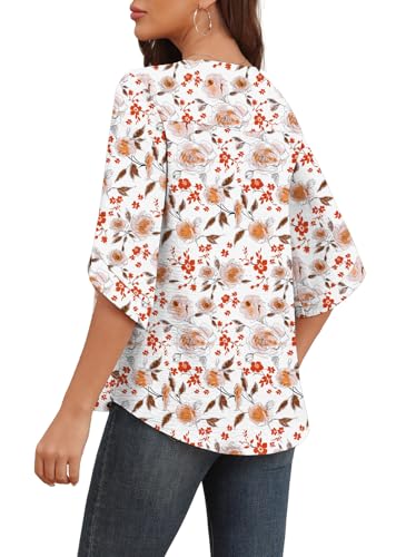 Askyes Womens Blouses Casual Cute Chiffon Blouses Summer Beach Short Sleeve Blouse Shirts for Work,White Rose,L - Image 2