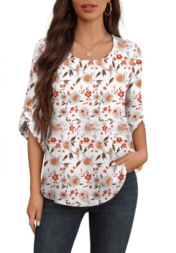 Askyes Womens Blouses Casual Cute Chiffon Blouses Summer Beach Short Sleeve Blouse Shirts for Work,White Rose,L - Image 4