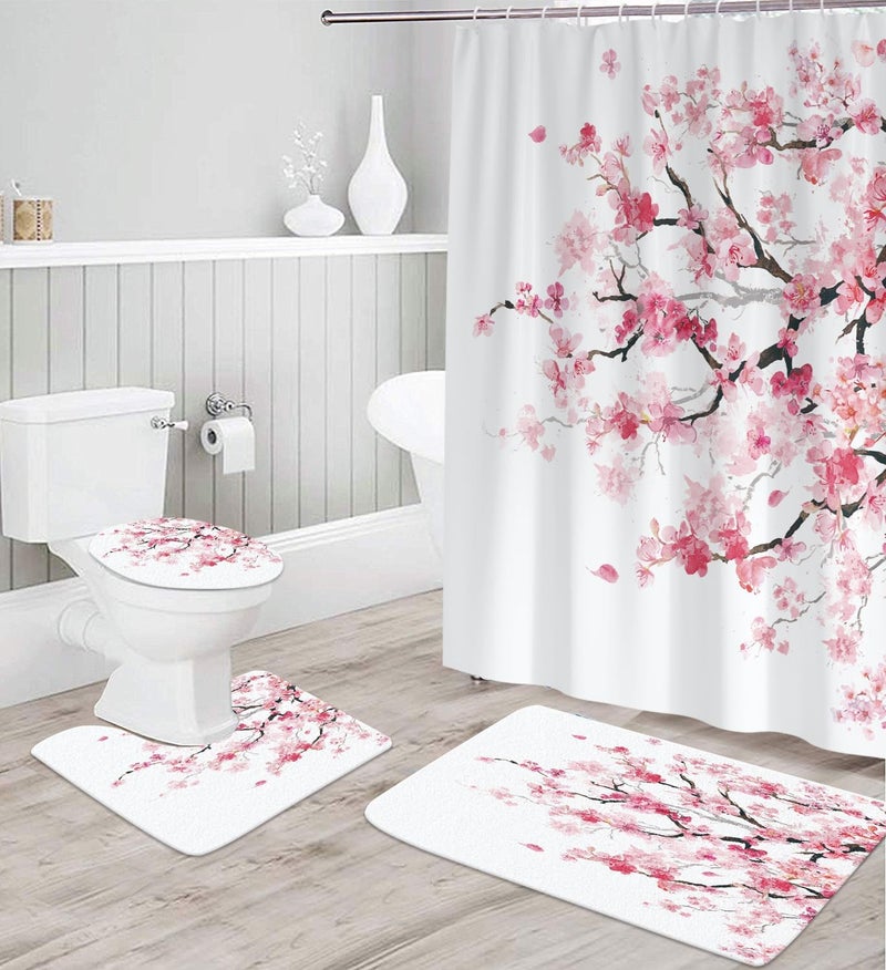 Kikiry Pink Cherry Blossom Shower Curtain Set Sakura Floral Flowers Tree Japanese White Kawaii 4 Pcs Decor Bathroom Mat Toilet Lid Cover U Shaped Non-Slip Rug Fabric 60x72 Inch - Image 2