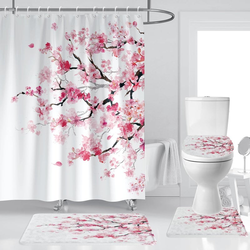 Kikiry Pink Cherry Blossom Shower Curtain Set Sakura Floral Flowers Tree Japanese White Kawaii 4 Pcs Decor Bathroom Mat Toilet Lid Cover U Shaped Non-Slip Rug Fabric 60x72 Inch - Image 1