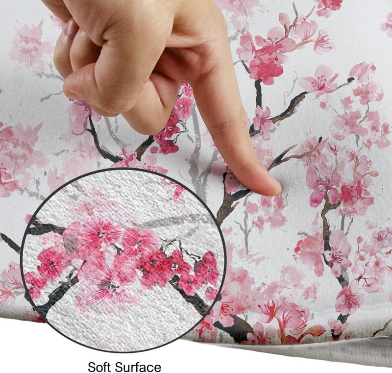 Kikiry Pink Cherry Blossom Shower Curtain Set Sakura Floral Flowers Tree Japanese White Kawaii 4 Pcs Decor Bathroom Mat Toilet Lid Cover U Shaped Non-Slip Rug Fabric 60x72 Inch - Image 4