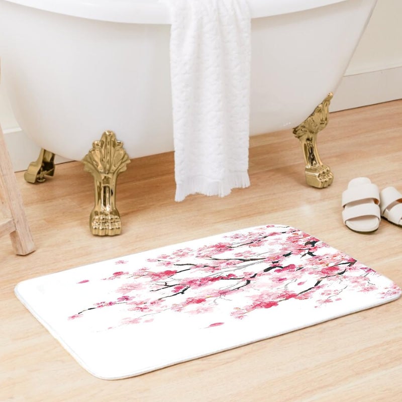 Kikiry Pink Cherry Blossom Shower Curtain Set Sakura Floral Flowers Tree Japanese White Kawaii 4 Pcs Decor Bathroom Mat Toilet Lid Cover U Shaped Non-Slip Rug Fabric 60x72 Inch - Image 3