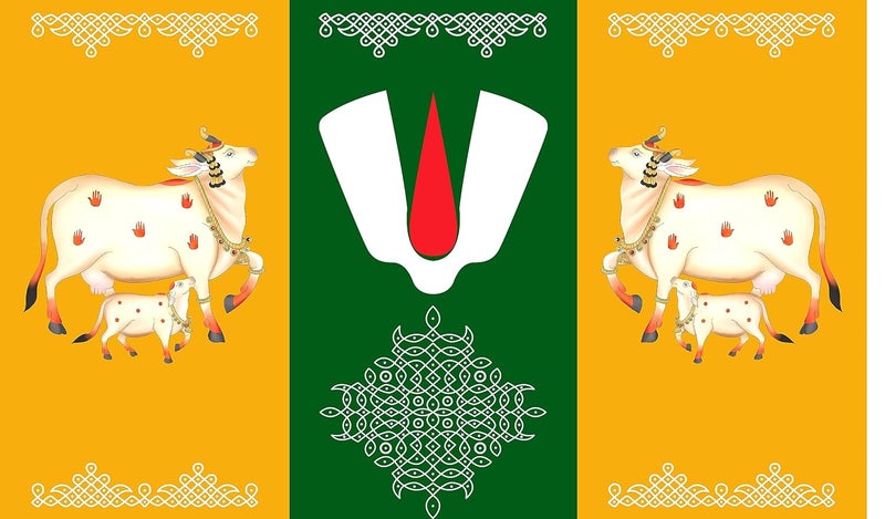 Backdropon تيروباتي بالاجي تيلاك مع تصميم الأبقار وموجو للخلفية للزينة قماش خلفية للبويا ستارة تقليدية/خلفية للمهرجان بحجم 5 أقدام ارتفاع و8 أقدام عرض (5 * 8) - Image 1