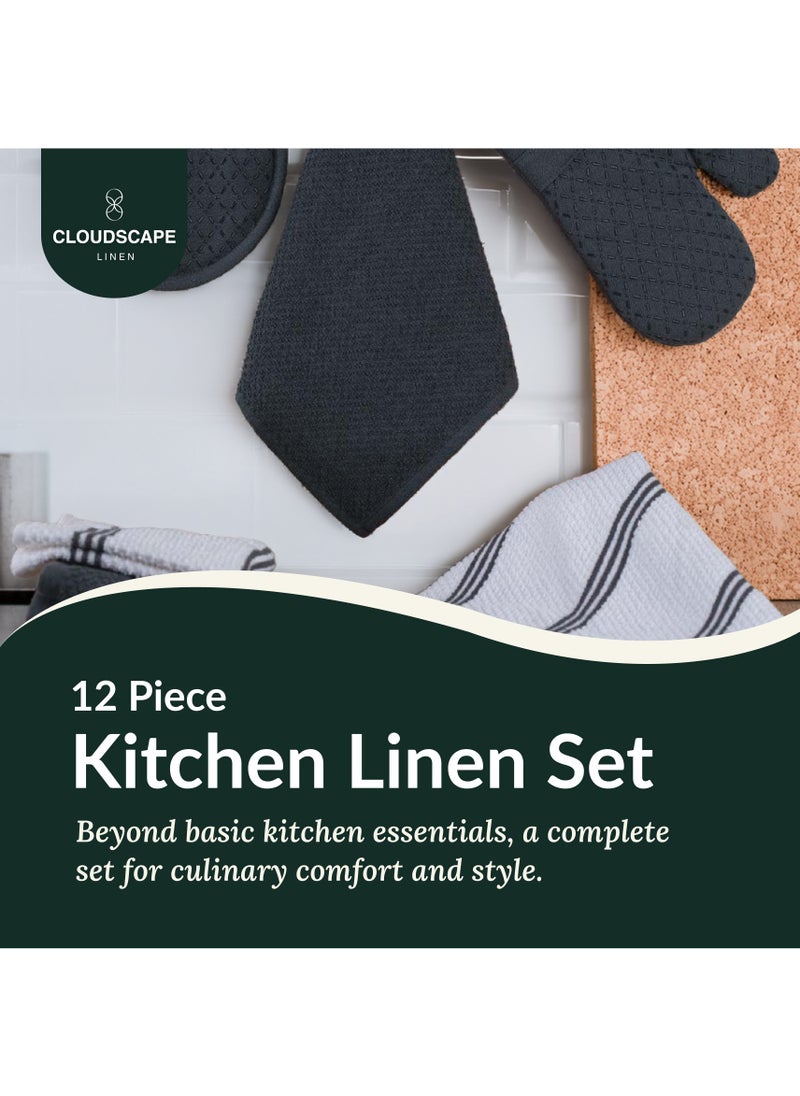 Cloud Scape Linen 12-Piece Kitchen Essentials Set – Includes Absorbent Dishcloths & Kitchen Towels, Non-Slip Silicone Grip, Grey  - Image 2