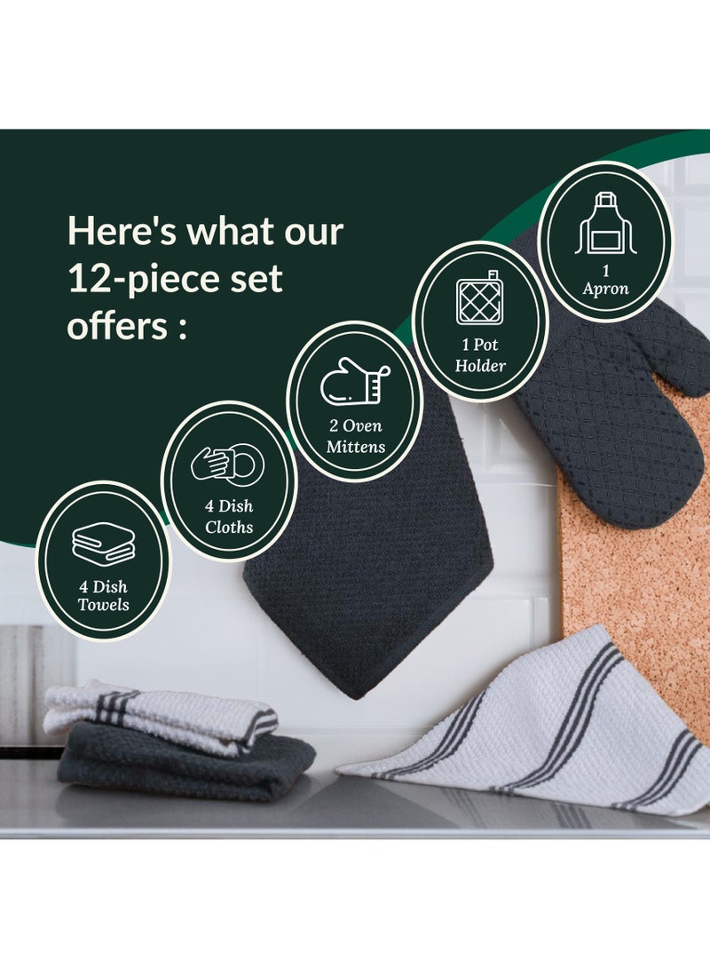 Cloud Scape Linen 12-Piece Kitchen Essentials Set – Includes Absorbent Dishcloths & Kitchen Towels, Non-Slip Silicone Grip, Grey - Image 3