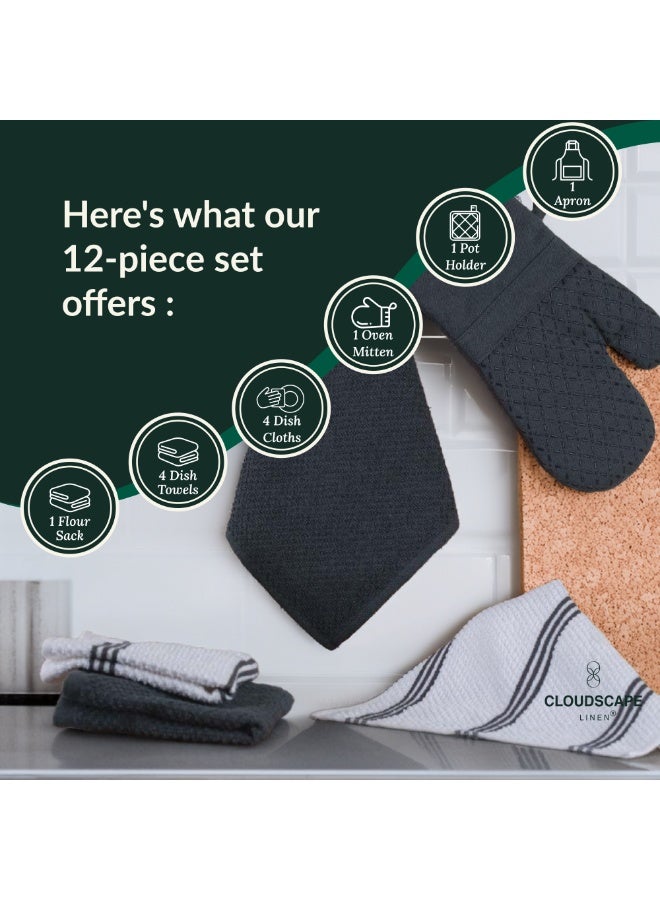 كلاود سكيب لينين 12-Piece Kitchen Essentials Set – Includes Absorbent Dishcloths & Kitchen Towels, Non-Slip Silicone Grip, Grey - Image 4