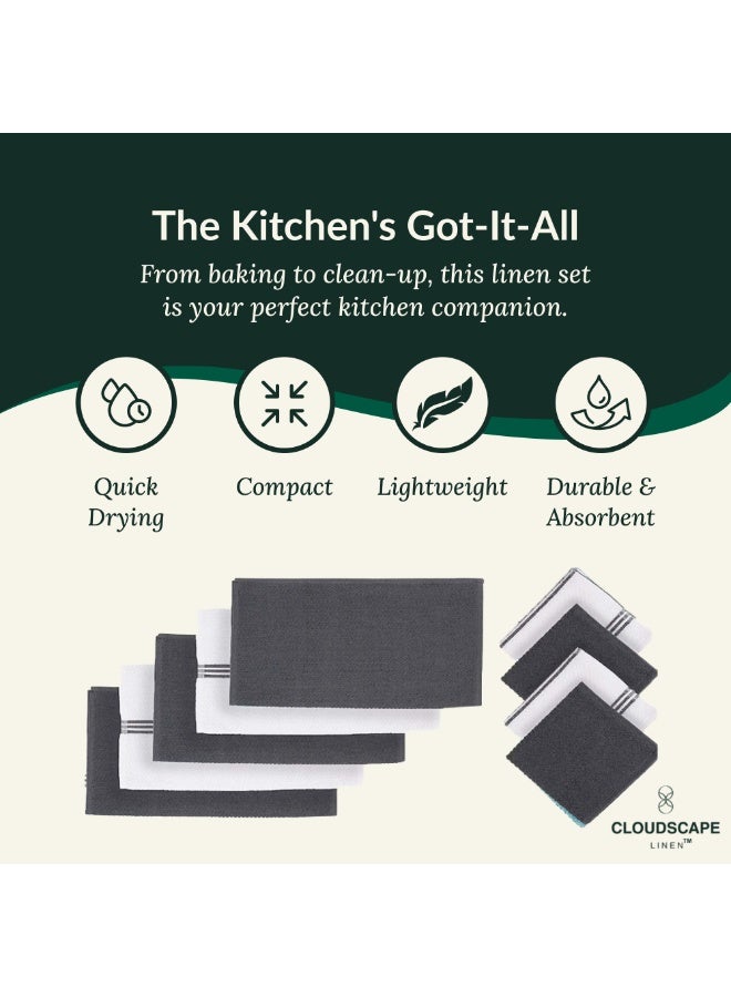 كلاود سكيب لينين 12-Piece Kitchen Essentials Set – Includes Absorbent Dishcloths & Kitchen Towels, Non-Slip Silicone Grip, Grey - Image 3