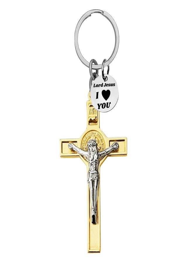 M Men Style Jesus Crucifix Cross Metal Keychain | Christian Religious Key Ring for Men & Women | Faith Gift Accessory Gold SKey2025673 - Image 1