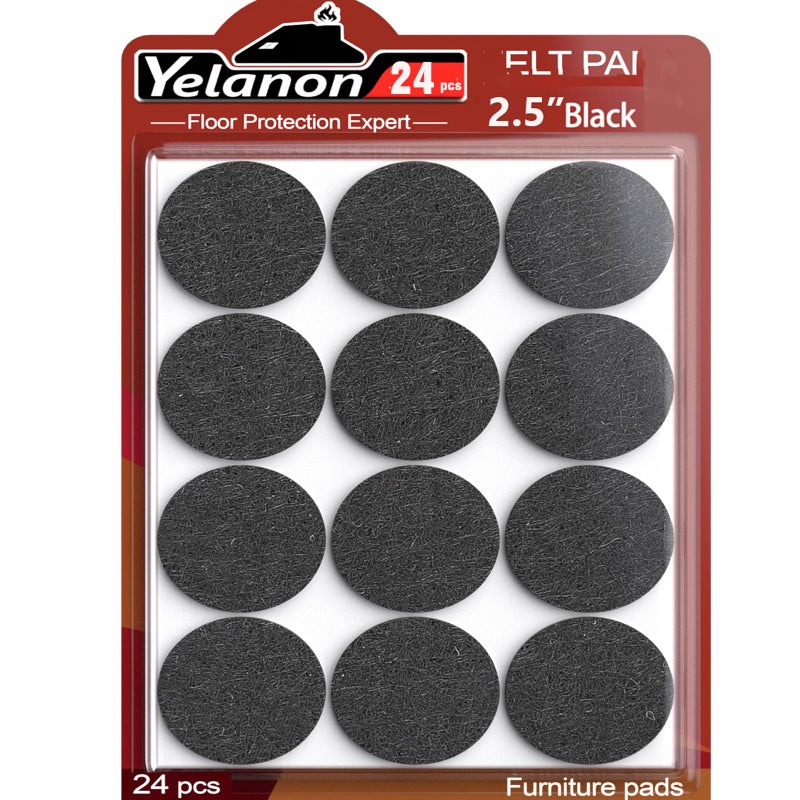 Yelanon Felt Furniture Pads For Hardwood Floors -24 Pcs 2.5"" Premium Felt Pads For Chair Legs, Floor Protectors For Furniture, Black - Image 1