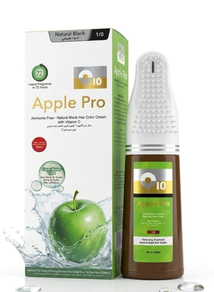 Apple Pro Ammonia-Free Natural Black Hair Color Cream (1/0) – Rich in Vitamin C (200ml)