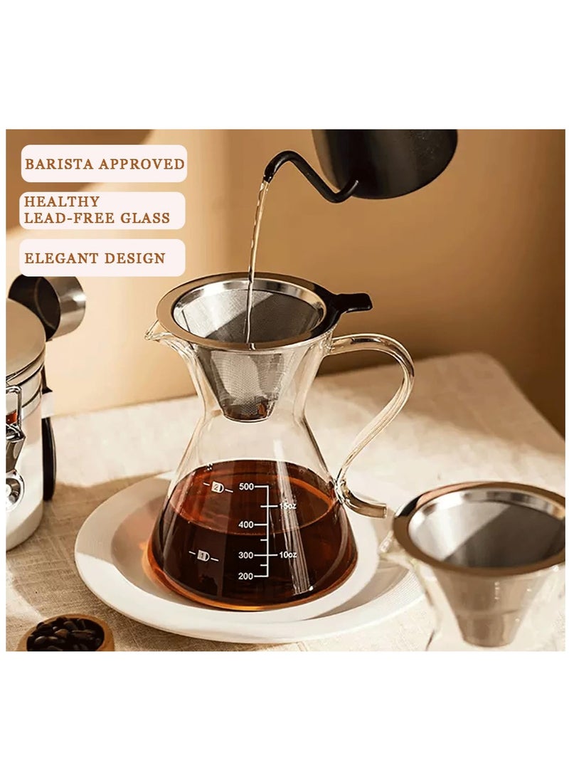 Excefore Pour Over Coffee Maker, Elegant Drip Coffee Maker with Reusable Stainless Steel Filter Dripper, Lead-Free Borosilicate Glass Coffee Carafe for 1-4Cup, 500ml 18oz  - Image 2