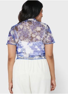 I Saw It First Curve Blue Plus Size Printed Mesh Lettuce Hem Top  - Image 2