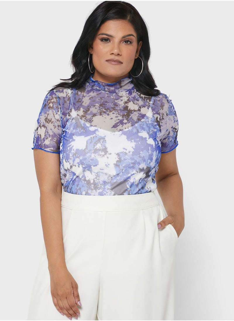 I Saw It First Curve - Blue Plus Size Printed Mesh Lettuce Hem Top - Image 1