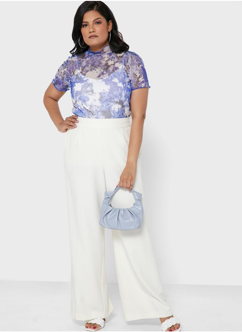 I Saw It First Curve - Blue Plus Size Printed Mesh Lettuce Hem Top - Image 1