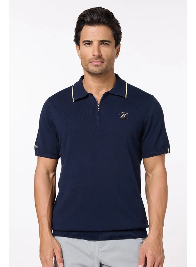 Mannerism The Deep Navy Cotton Polo with Quarter-Zip, Comfort Fit