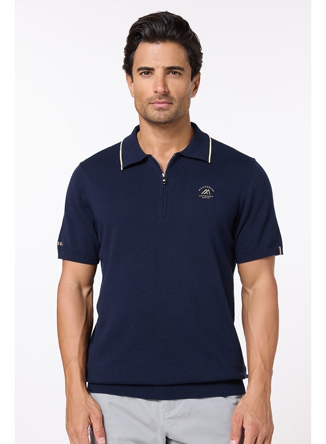 تكلف The Deep Navy Cotton Polo with Quarter-Zip, Comfort Fit - Image 2