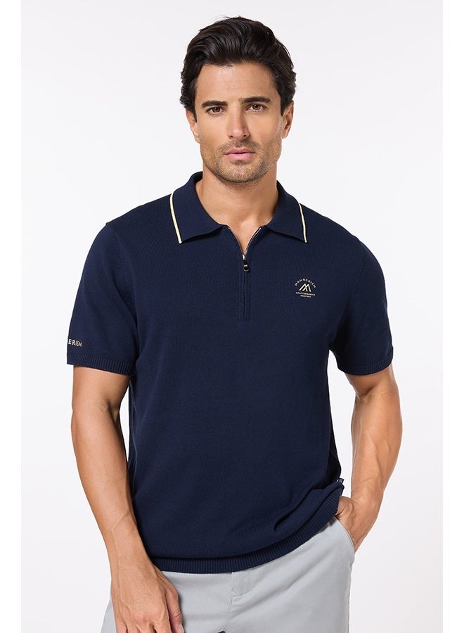 تكلف The Deep Navy Cotton Polo with Quarter-Zip, Comfort Fit - Image 1