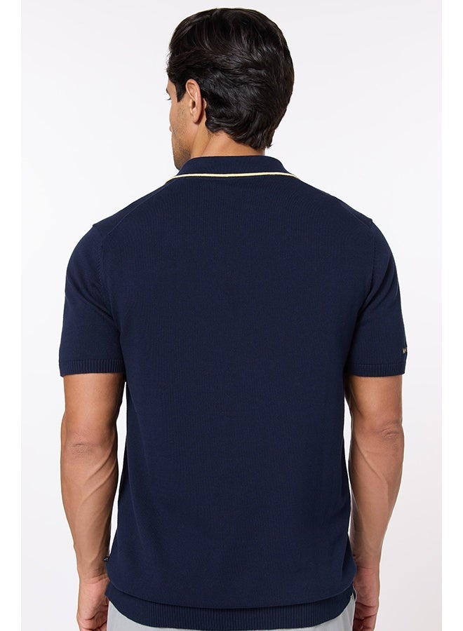 تكلف The Deep Navy Cotton Polo with Quarter-Zip, Comfort Fit - Image 3
