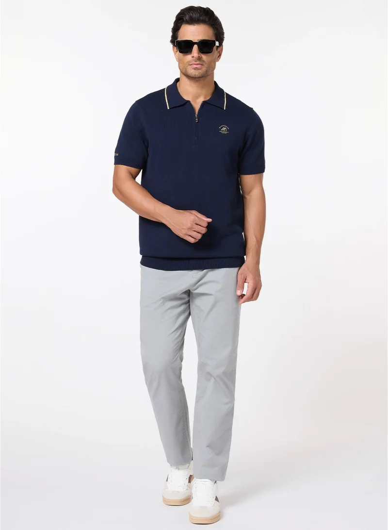 مانرزم The Deep Navy Cotton Polo with Quarter-Zip, Comfort Fit