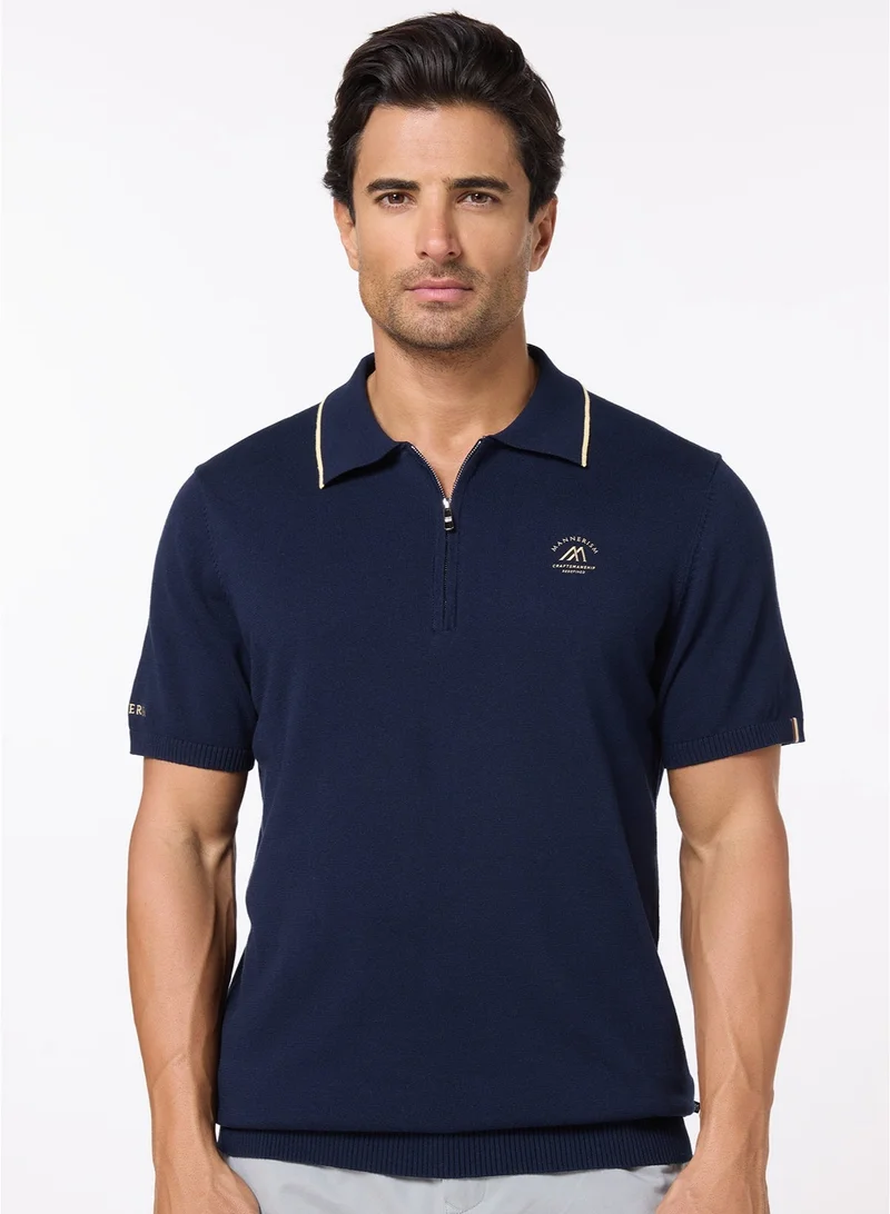 مانرزم The Deep Navy Cotton Polo with Quarter-Zip, Comfort Fit