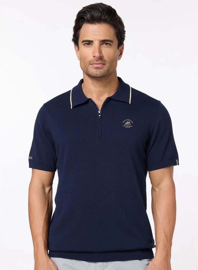 Mannerism The Deep Navy Cotton Polo with Quarter-Zip, Comfort Fit