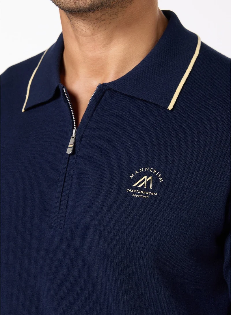 Mannerism The Deep Navy Cotton Polo with Quarter-Zip, Comfort Fit