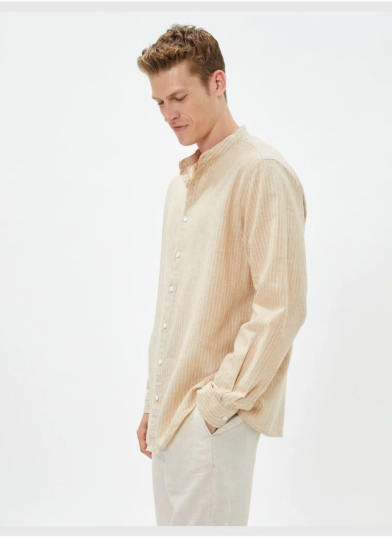 كوتون Linen Blend Shirt Mandarin Collar Long Sleeve Buttoned