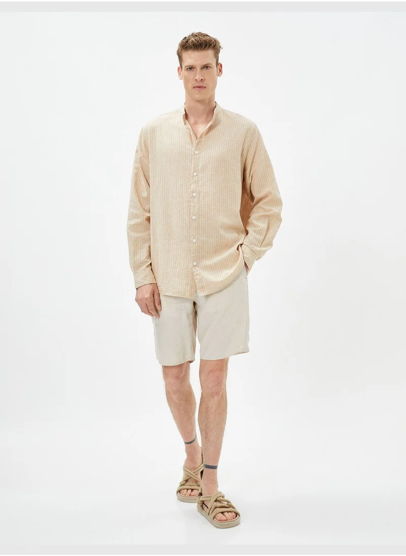 كوتون Linen Blend Shirt Mandarin Collar Long Sleeve Buttoned