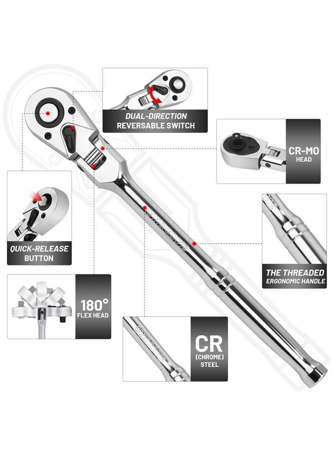 UYECOVE 1/2 3/8 1/4 Inch Drive Ratchet Set, 4Pcs Flex Head Ratchet Set, 72 Tooth Quick Release Flexible Swivel Head Socket Ratchet Wrench Set - Image 2