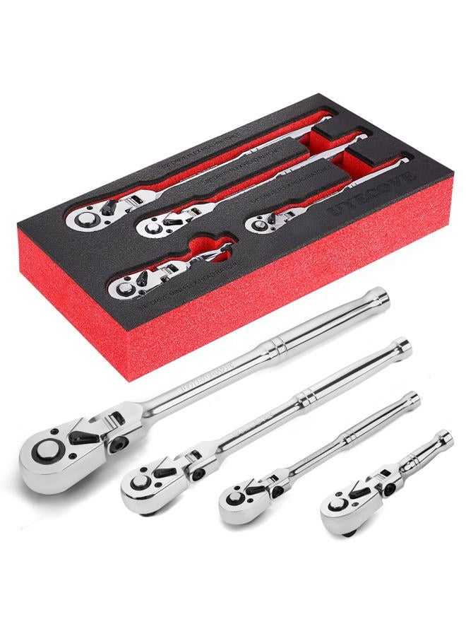 UYECOVE 1/2 3/8 1/4 Inch Drive Ratchet Set, 4Pcs Flex Head Ratchet Set, 72 Tooth Quick Release Flexible Swivel Head Socket Ratchet Wrench Set - Image 1