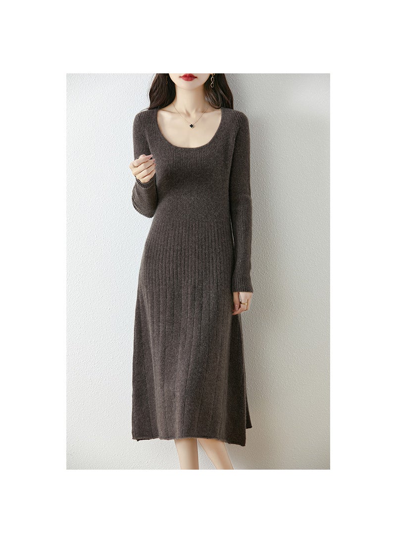 Generic Medium-Length U-Neck Wool Dress Womens Pullover Sweater Autumn/Winter Slimming Knit Base Layer Top Pure Wool Shirt Skirt Mocha brown  - Image 1