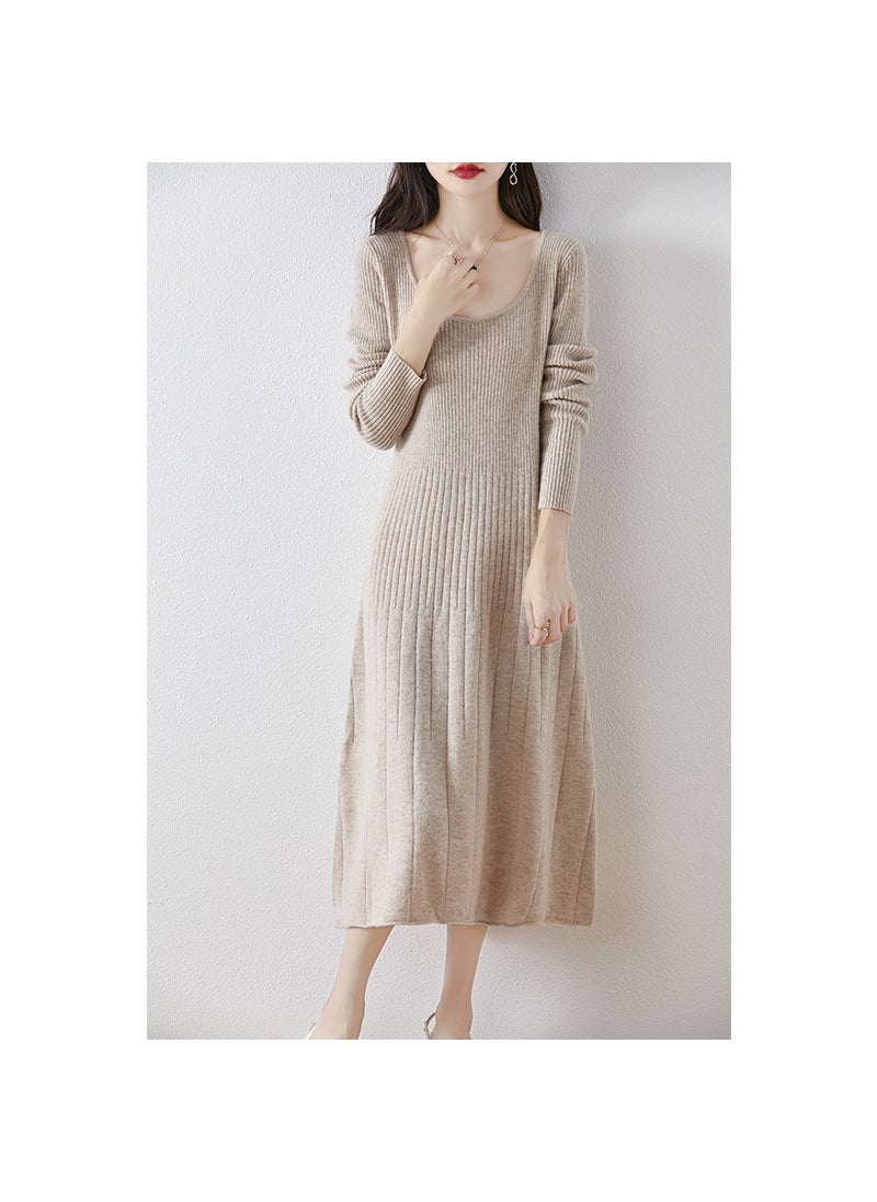 Generic Medium-Length U-Neck Wool Dress Womens Pullover Sweater Autumn/Winter Slimming Knit Base Layer Top Pure Wool Shirt Skirt Mocha brown  - Image 2