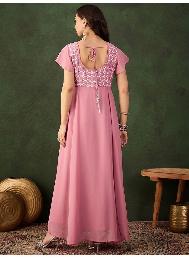 AKS Blush Pink Sequinned Flared Maxi Dress  - Image 4