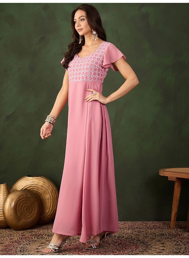 AKS Blush Pink Sequinned Flared Maxi Dress  - Image 5